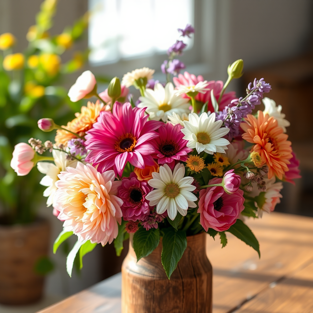 Beautiful arrangement of fresh spring flowers in a rustic wooden vase with soft natural lighting