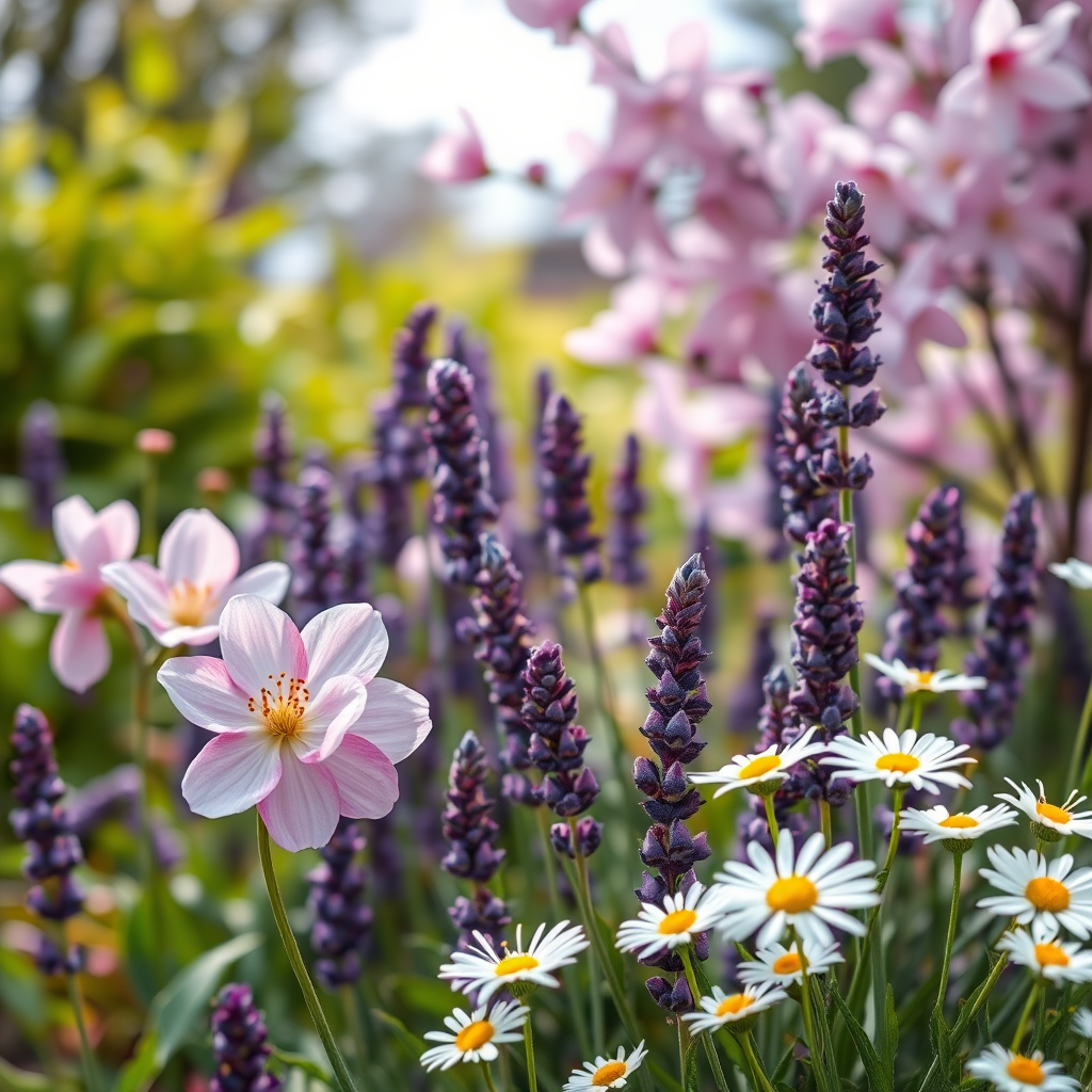Beautiful spring garden with blooming pink cherry blossoms, purple lavender, and white daisies in soft natural lighting with shallow depth of field