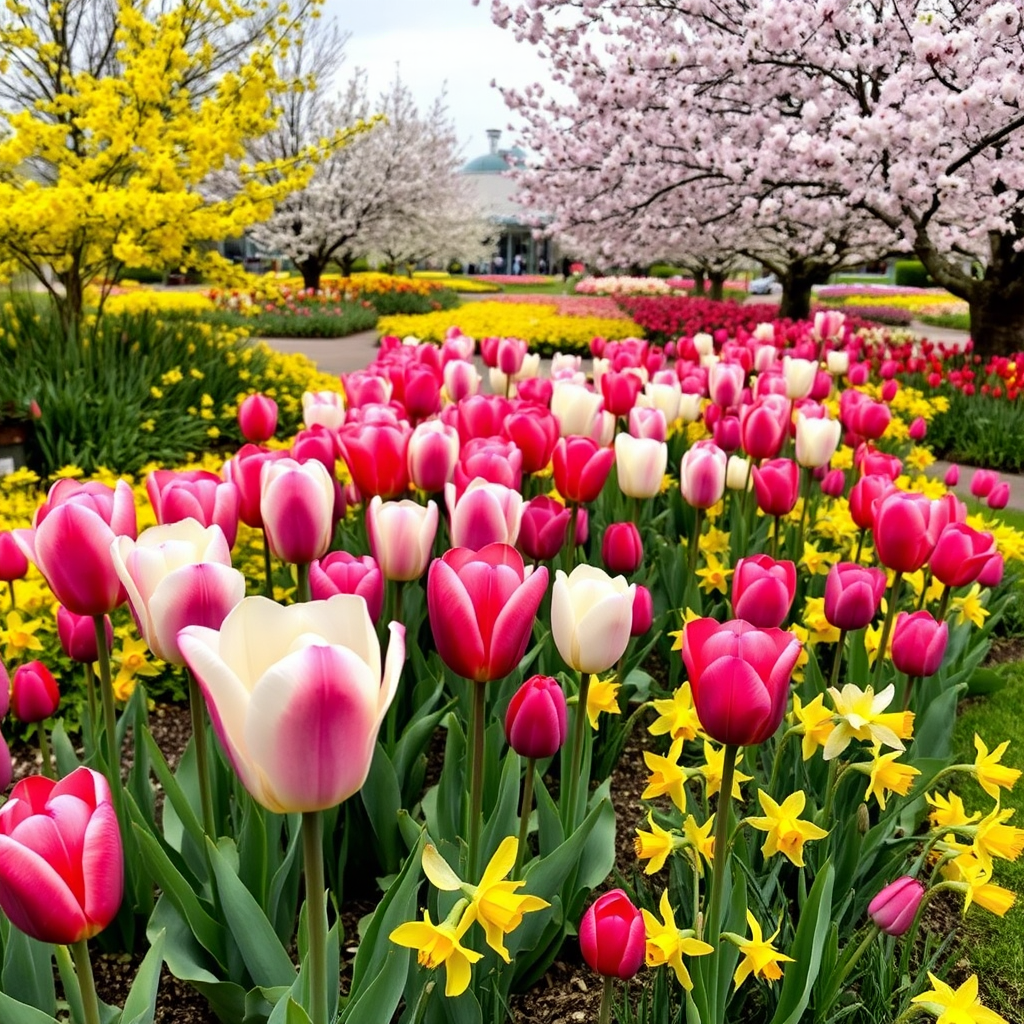 Spectacular spring garden display featuring vibrant tulips in shades of pink, purple, and white blooming alongside golden daffodils and delicate cherry blossom trees in full bloom, creating a colorful tapestry across a well-maintained garden landscape