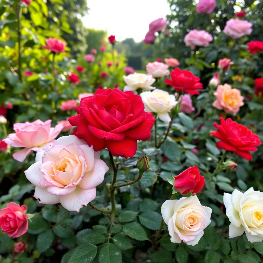 Beautiful garden scene with various colorful roses in full bloom, including pink, red, and white varieties, with morning dew on petals and soft natural lighting filtering through garden foliage