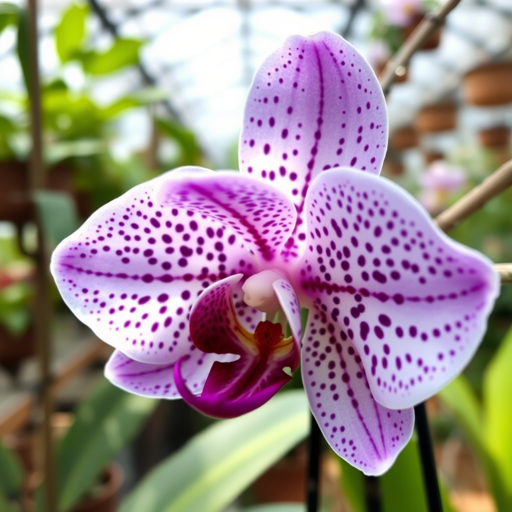 Close-up photograph of a newly discovered orchid species with delicate purple and white petals, featuring intricate spotted patterns and a distinctive curved labellum, photographed in soft natural lighting within a greenhouse setting