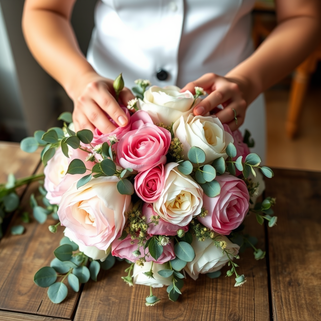 Professional florist creating an elegant wedding bouquet with fresh roses, peonies, and eucalyptus in soft pink and white tones, hands delicately arranging flowers on a rustic wooden table with natural lighting