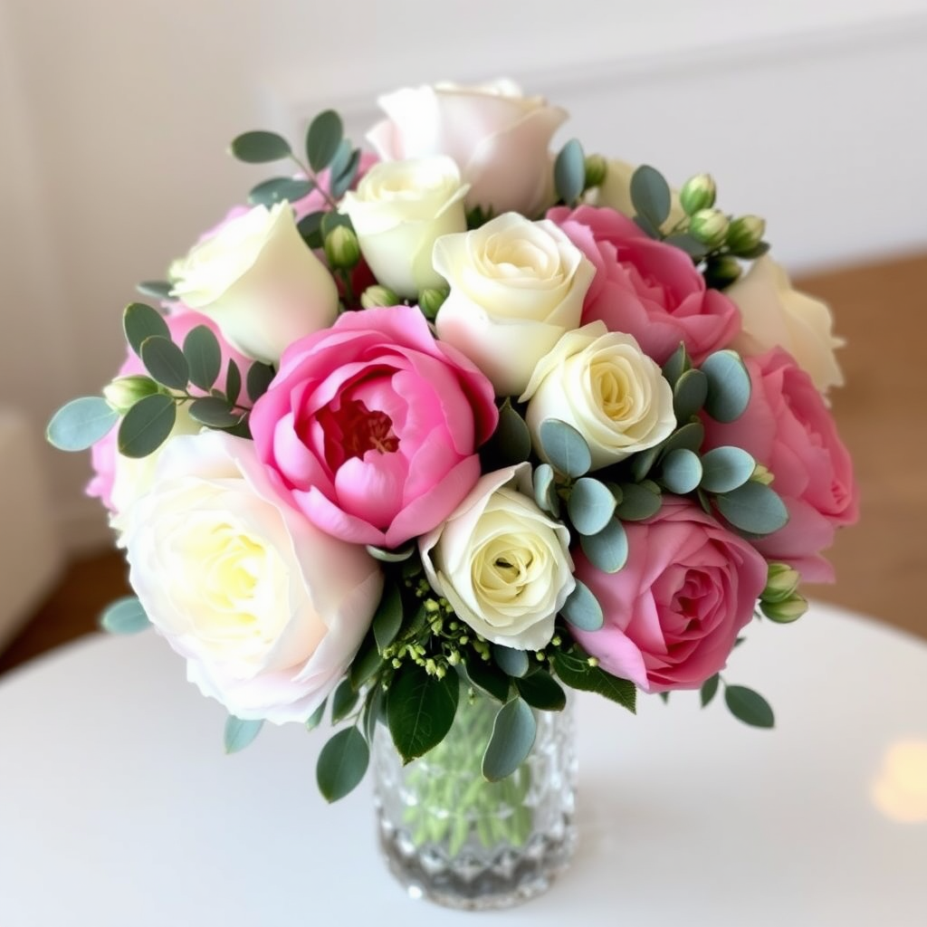 Elegant wedding flower arrangement featuring white roses, pink peonies, and eucalyptus in a crystal vase, professionally designed by spxir florists