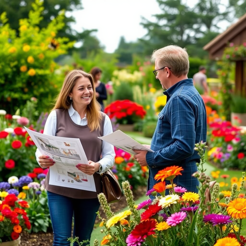 Professional garden designer consulting with client in a beautiful flower garden, showing design plans and discussing colorful flower arrangements