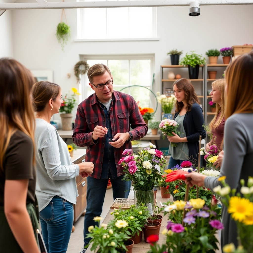 Experienced instructor demonstrating proper flower care techniques to a small group of students in a bright, airy workshop space filled with various potted flowers and gardening tools