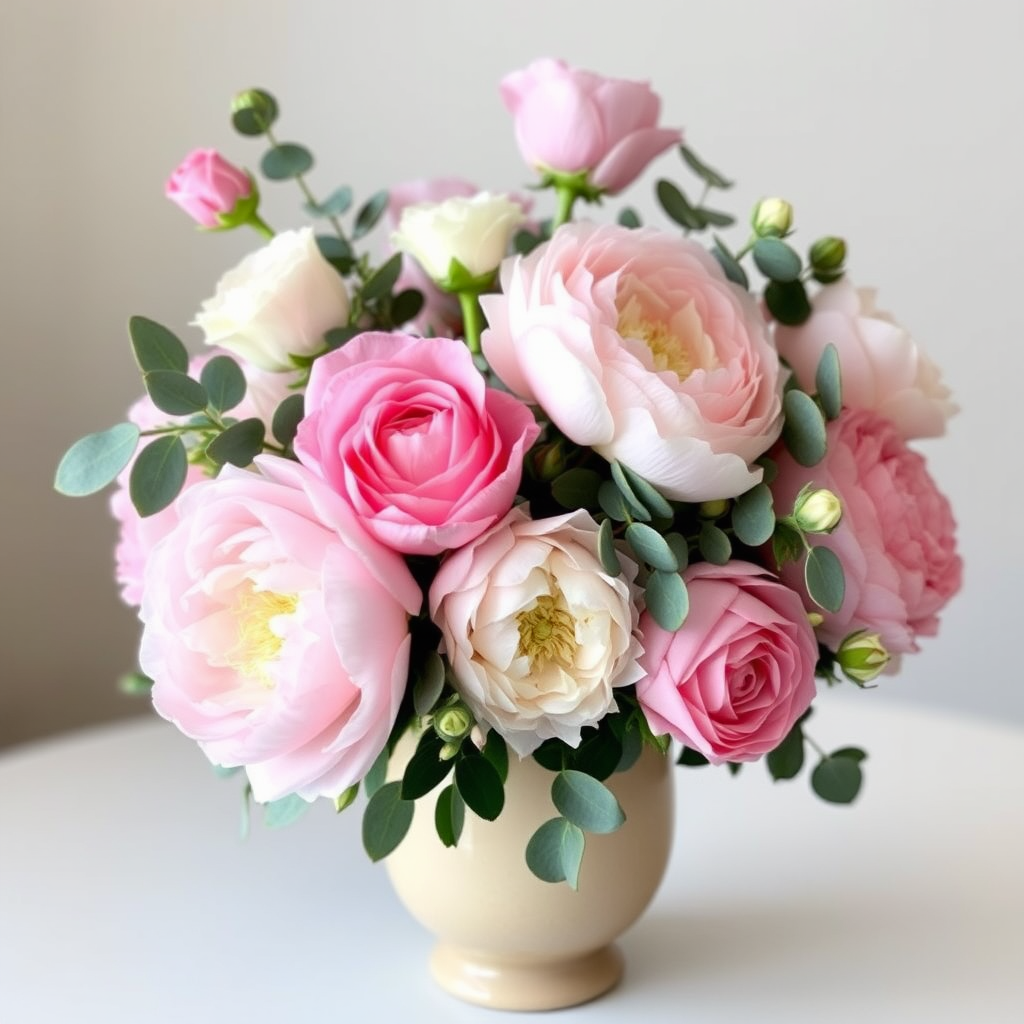 Beautiful seasonal flower arrangement featuring soft pink roses, white peonies, and fresh eucalyptus branches in an elegant ceramic vase