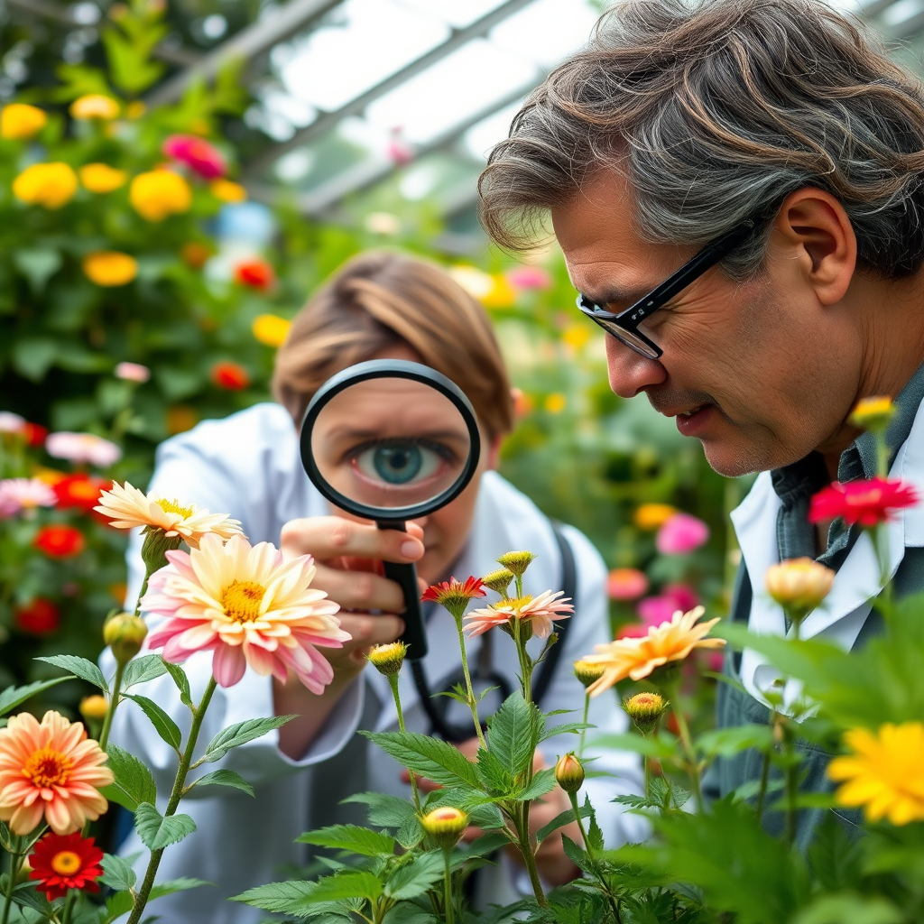 Professional horticulturist examining flowering plants with magnifying glass and diagnostic tools in a lush garden setting with various blooming flowers and healthy foliage
