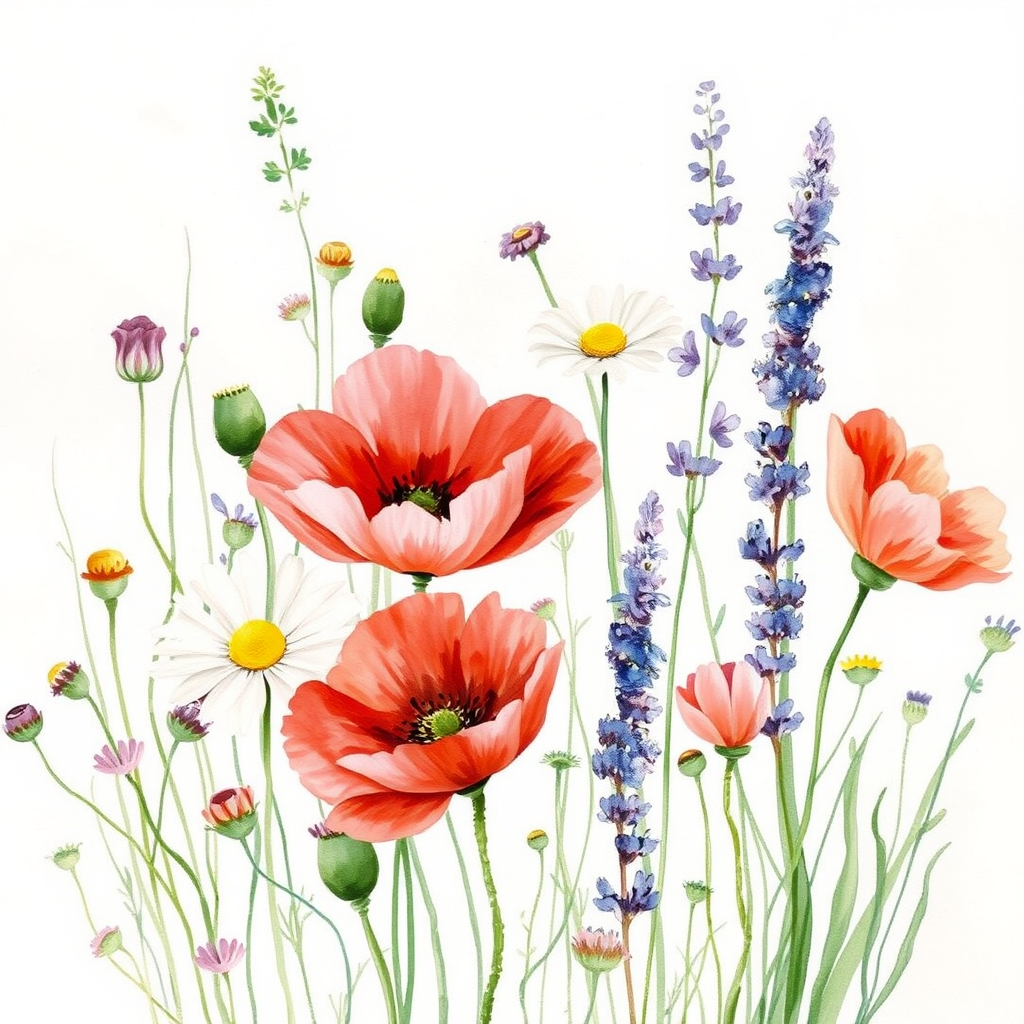 Delicate watercolor painting of mixed wildflowers including poppies, daisies, and lavender in soft pastel tones with gentle brushstrokes and natural textures