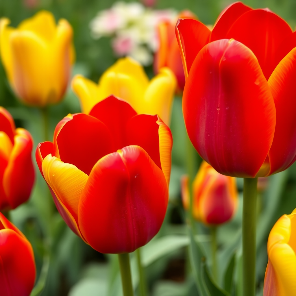 Close-up view of vibrant red and yellow tulips in full bloom with dewdrops on their petals, showcasing the classic cup shape and smooth texture of the flowers against a soft green garden background
