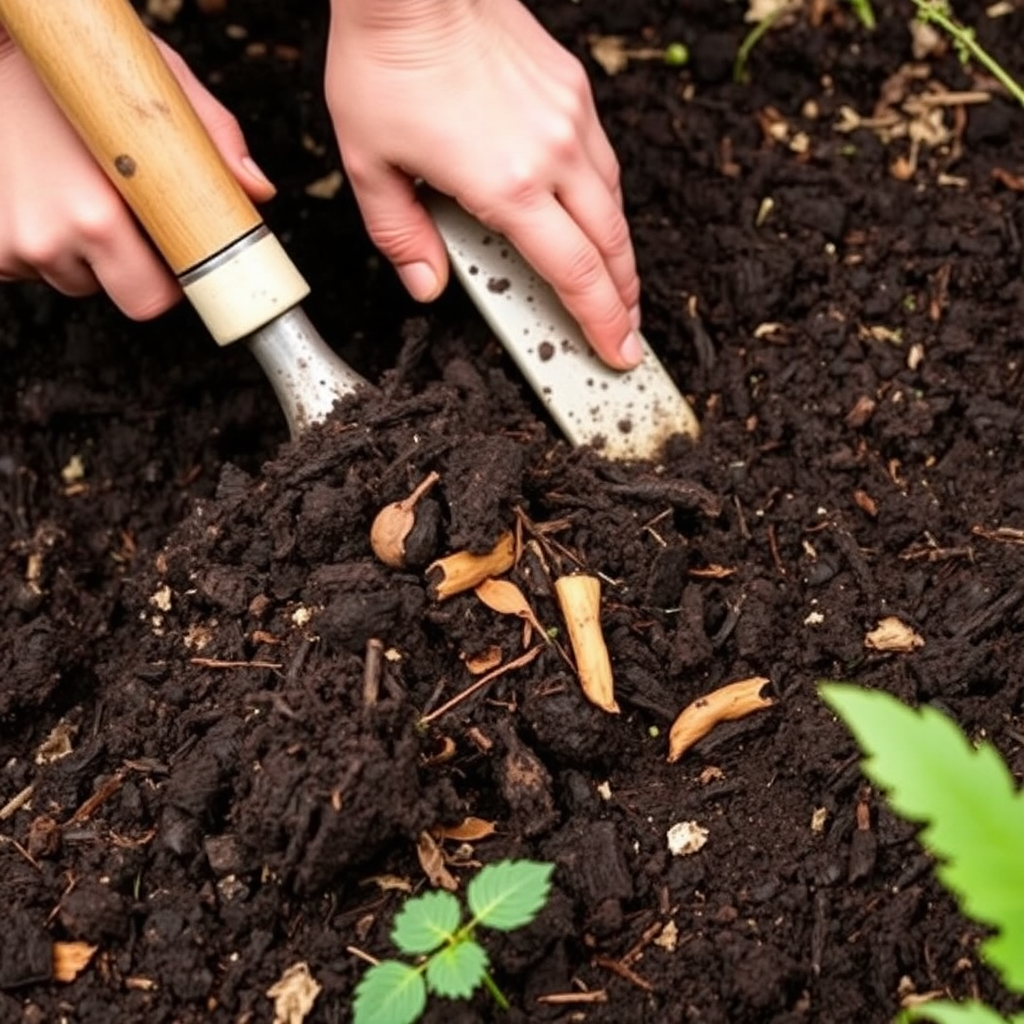Close-up of rich, dark garden soil being prepared with organic compost and mulch, showing hands working the earth with gardening tools