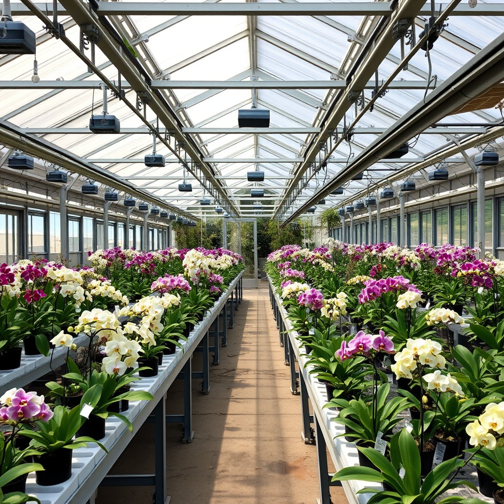 Interior view of a modern botanical greenhouse with rows of orchids on specialized growing benches, featuring climate control systems and filtered natural lighting creating optimal growing conditions