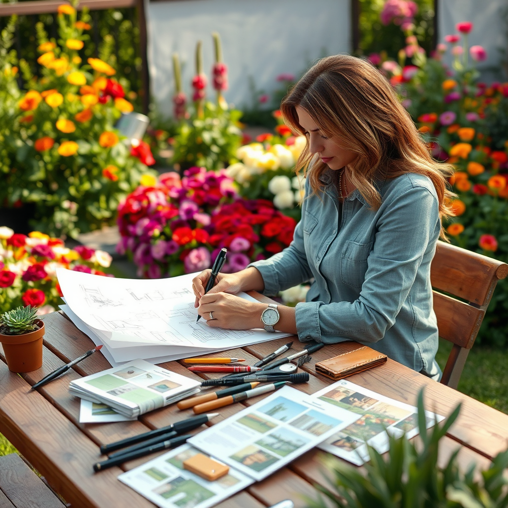 Landscape designer sketching garden plans on paper while sitting in a beautiful flower garden with colorful perennials, design tools and plant samples scattered on a wooden table, natural outdoor lighting