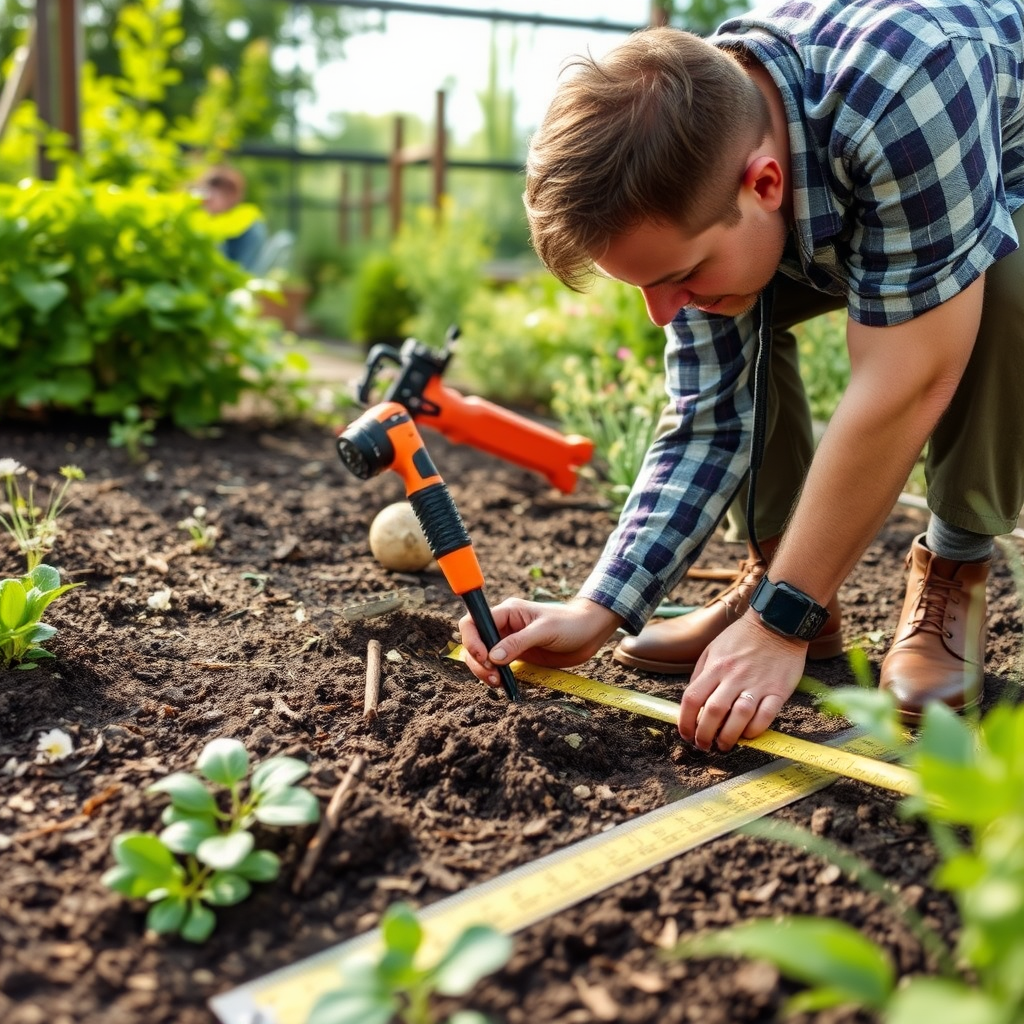 Garden design consultant examining soil conditions and measuring garden space with professional tools