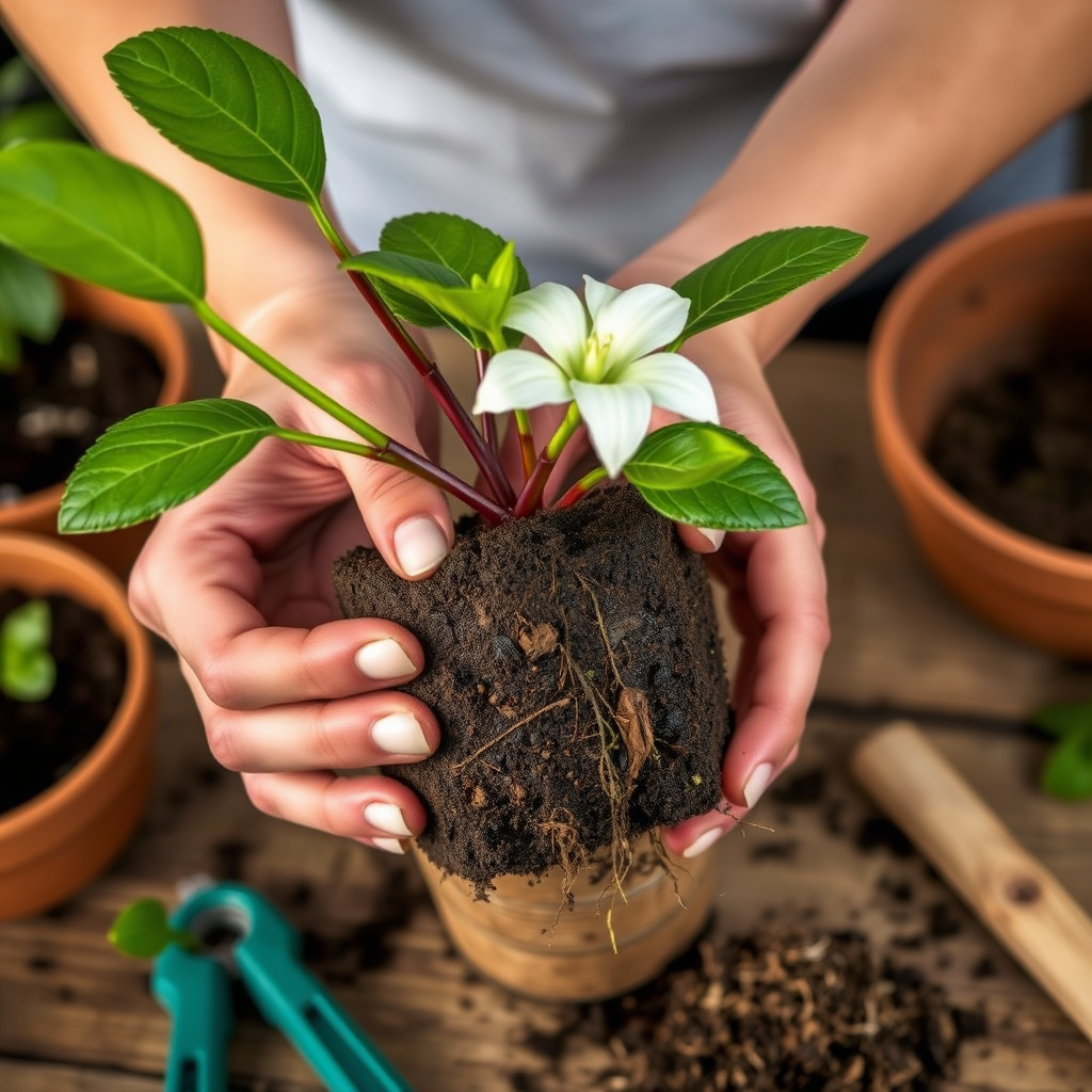 Close-up of hands gently repotting a delicate flowering plant, showing proper root handling technique with soil and gardening tools visible on a wooden work surface