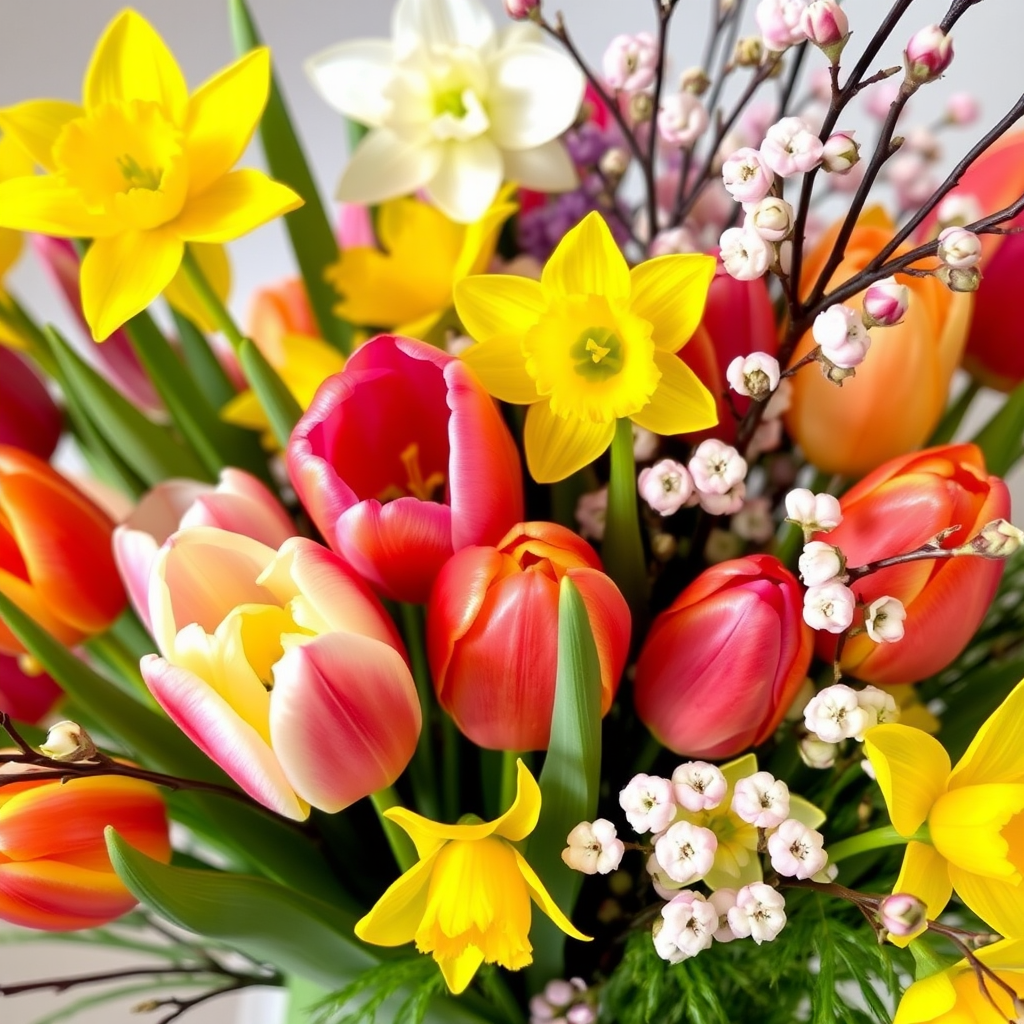 Fresh spring flower arrangement with colorful tulips, bright yellow daffodils, and delicate cherry blossom branches