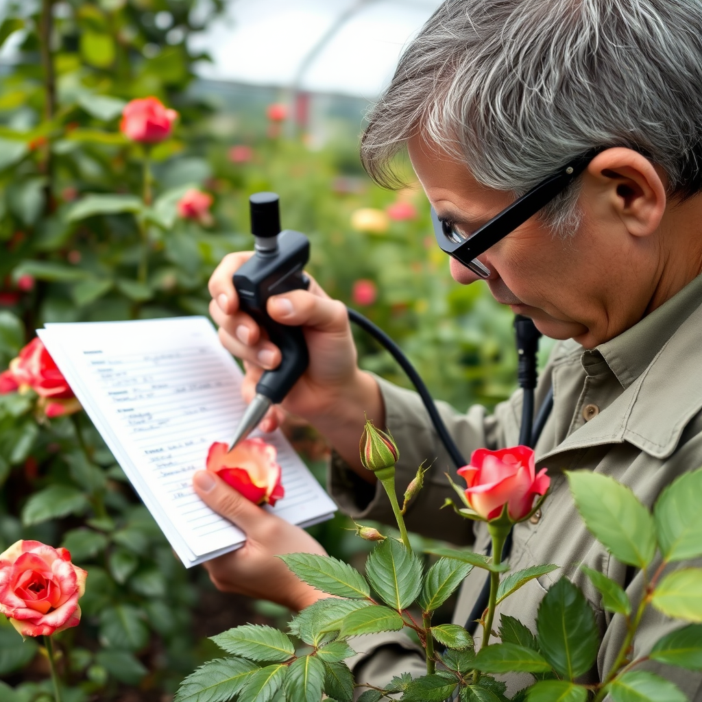 Certified horticulturist taking detailed notes while examining diseased rose petals and leaves with professional diagnostic equipment in a garden setting
