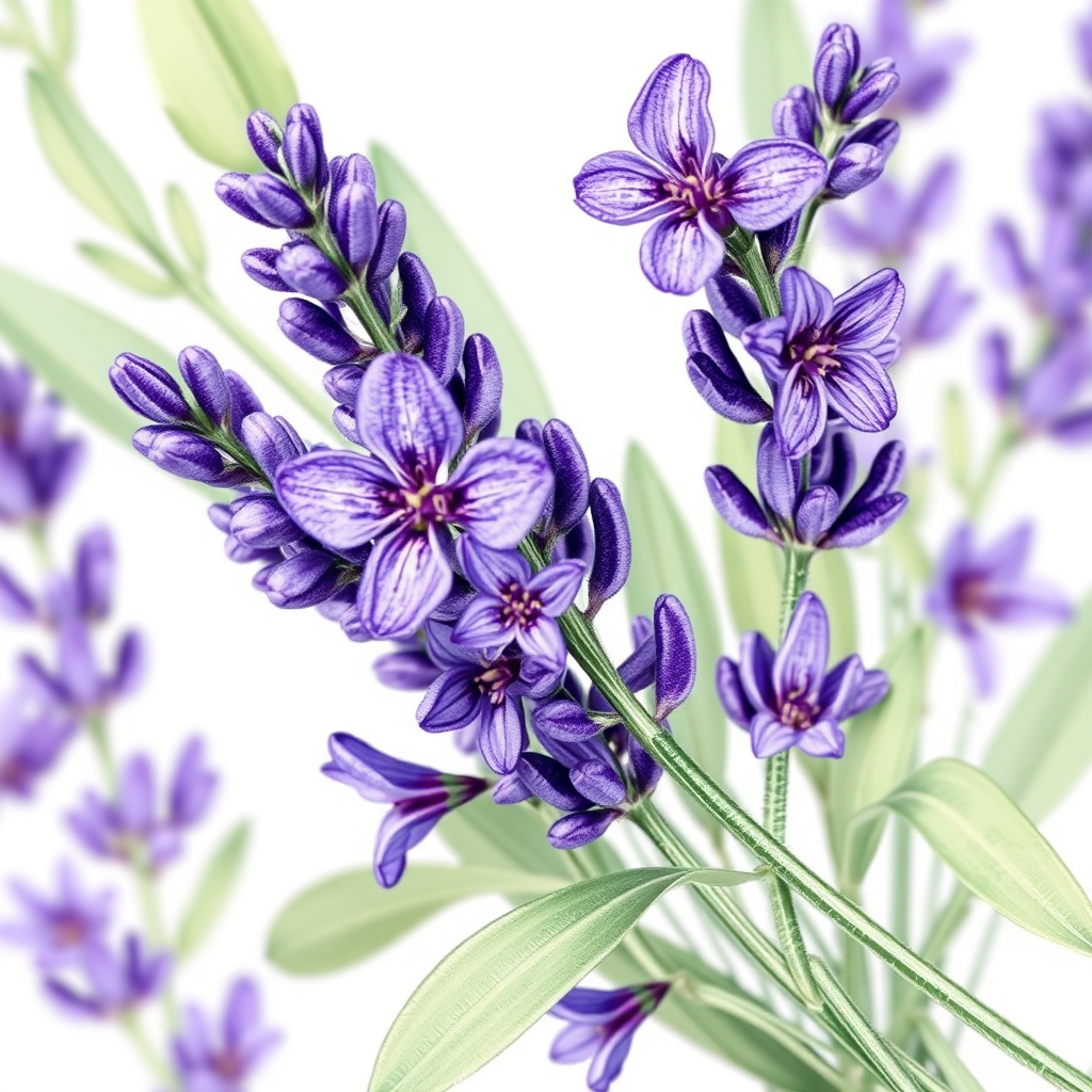 Decorative lavender sprig illustration with purple flowers and green leaves