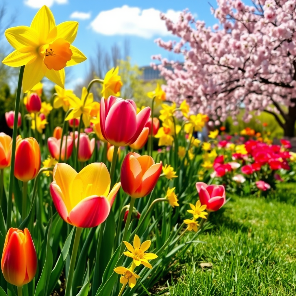 Vibrant spring garden scene with colorful tulips, bright yellow daffodils, and pink cherry blossoms in full bloom across a sunlit landscape with green grass and blue sky