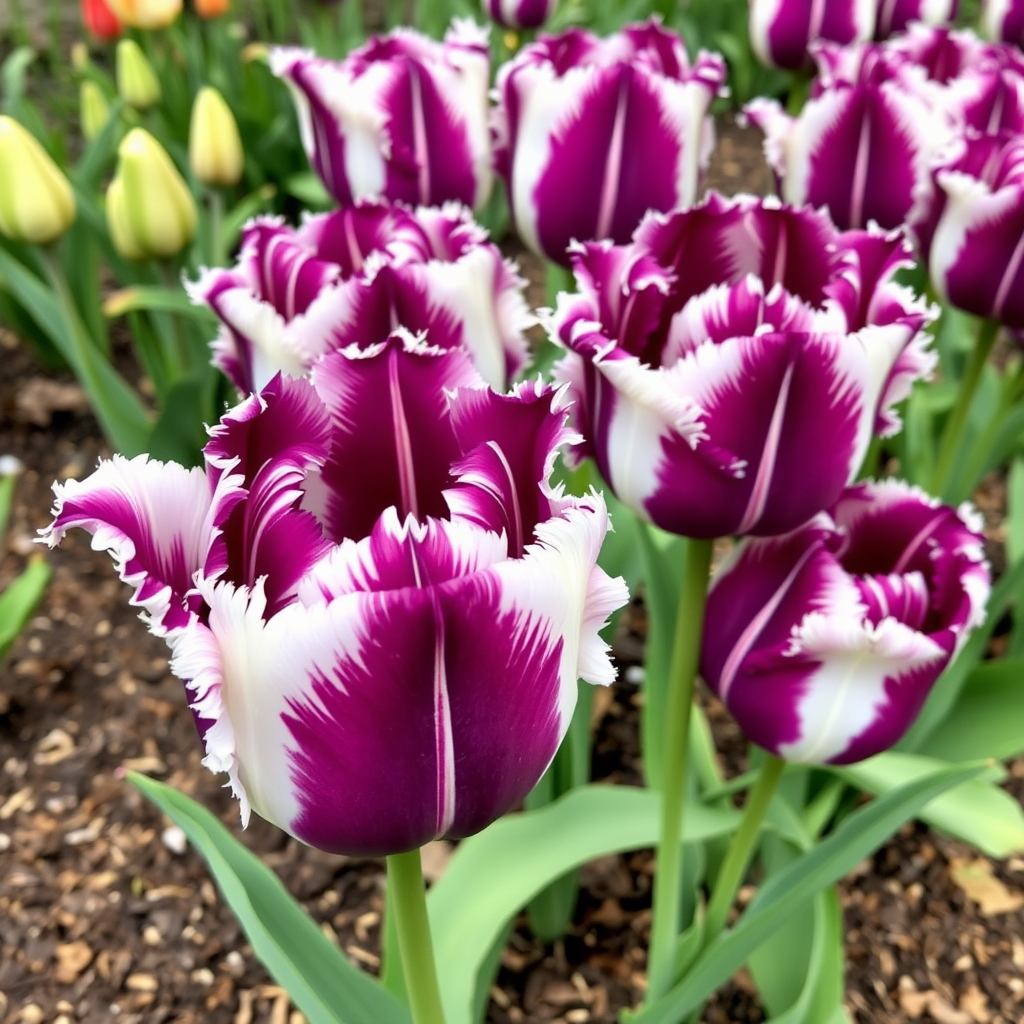Elegant purple and white striped parrot tulips with their characteristic fringed and ruffled petal edges, creating an exotic display in a well-maintained flower bed with mulched soil