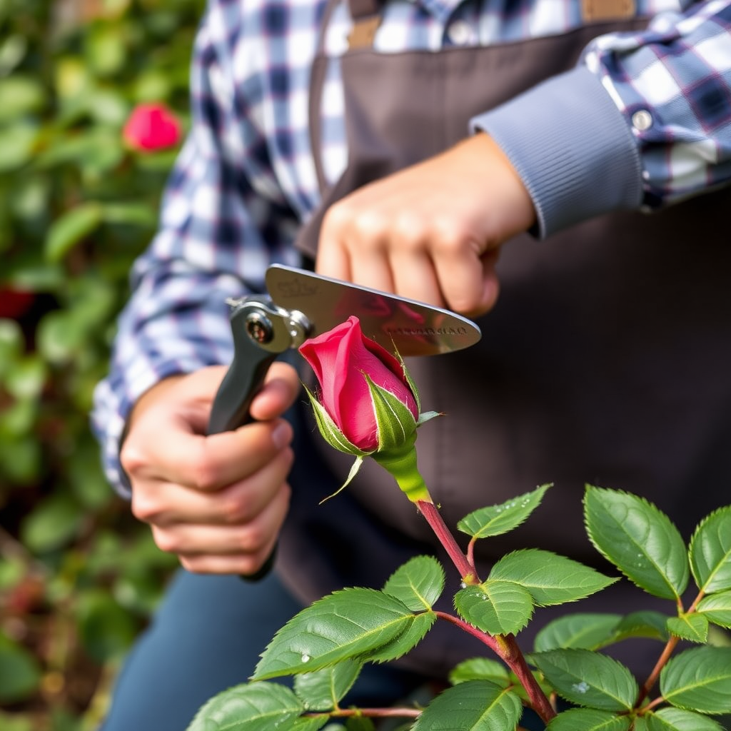 Professional gardener demonstrating proper rose pruning technique with sharp pruning shears, showing the correct 45-degree angle cut above an outward-facing bud on a rose cane