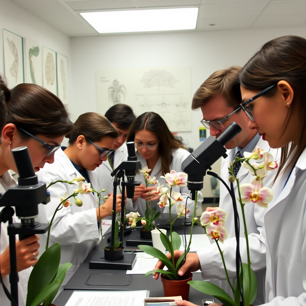 Team of botanical researchers examining orchid specimens under magnifying equipment in a well-lit laboratory setting, with detailed botanical drawings and classification charts visible on the walls