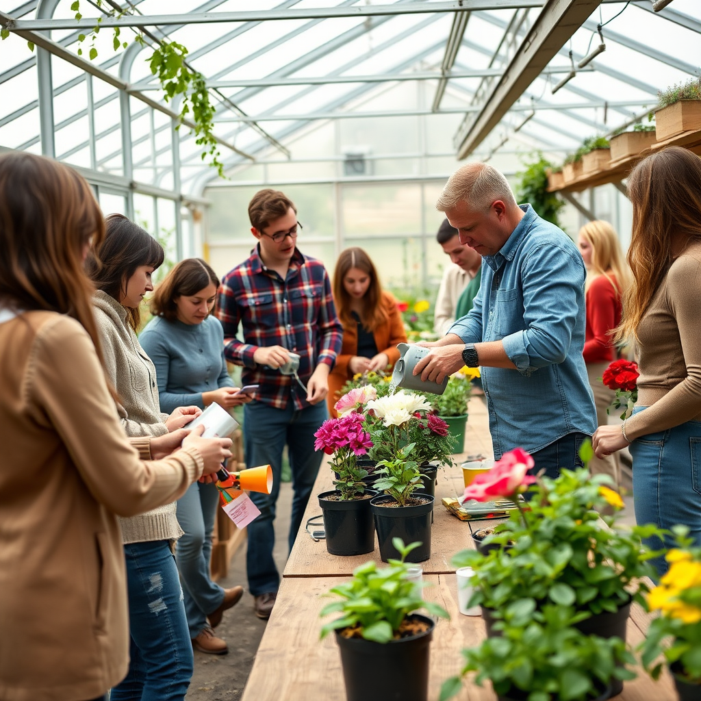 Group of people in a bright greenhouse workshop learning flower care techniques, instructor demonstrating proper watering methods on potted flowers, gardening tools and healthy plants visible on wooden tables