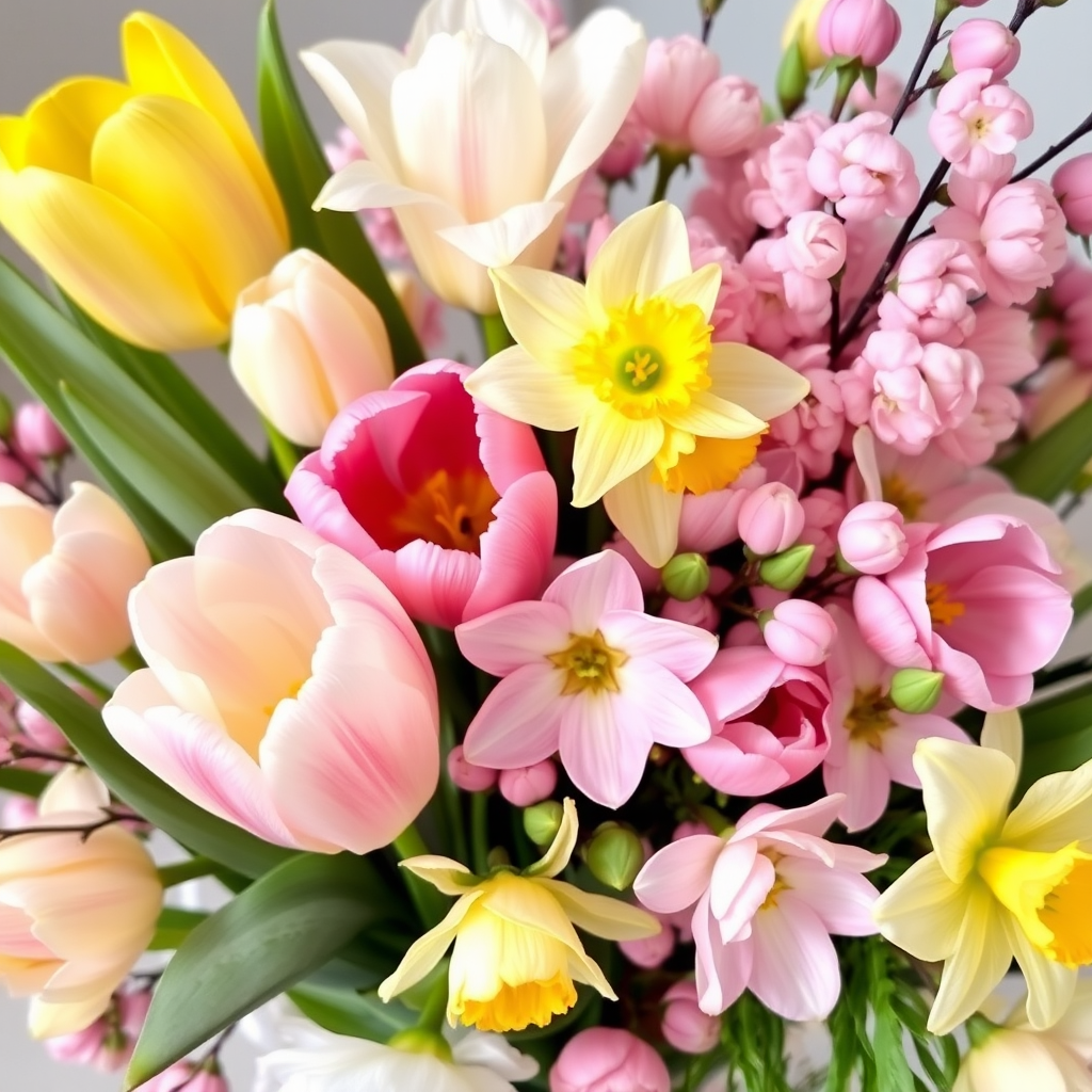 Spring flower arrangement with tulips, daffodils, and cherry blossoms in soft pastel colors