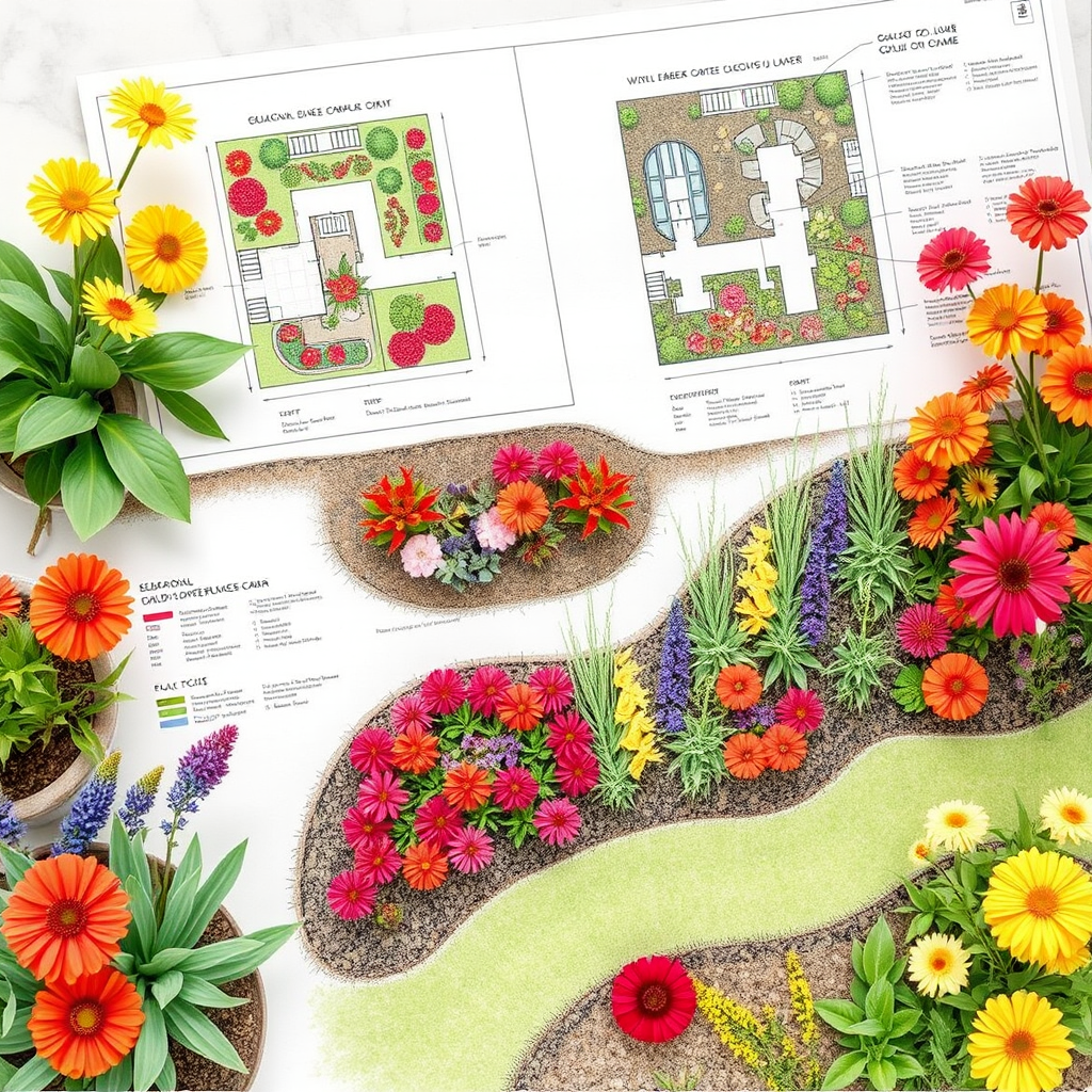 Detailed garden design blueprints showing flower bed layouts, plant placement, and seasonal color schemes