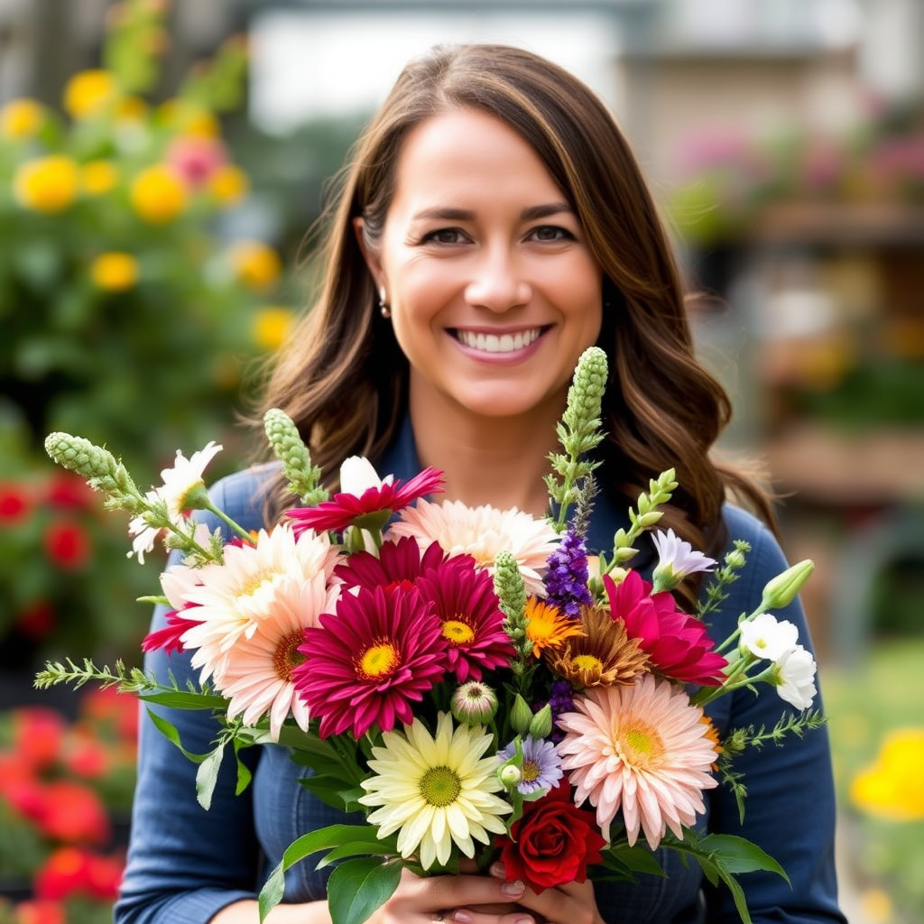 Professional portrait of Sarah Martinez, a certified horticulturist with 15 years of experience, smiling warmly while holding a beautiful bouquet of mixed seasonal flowers