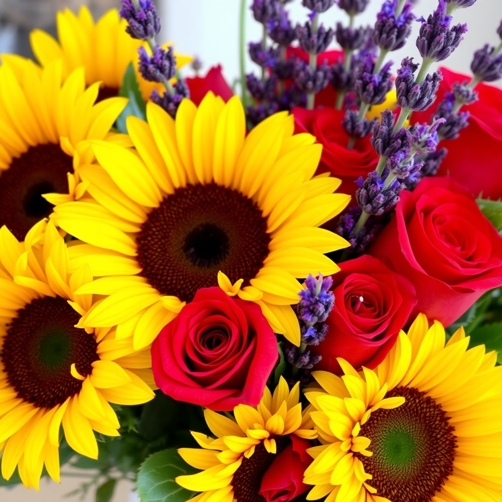 Vibrant summer flower bouquet featuring bright yellow sunflowers, red roses, and purple lavender stems