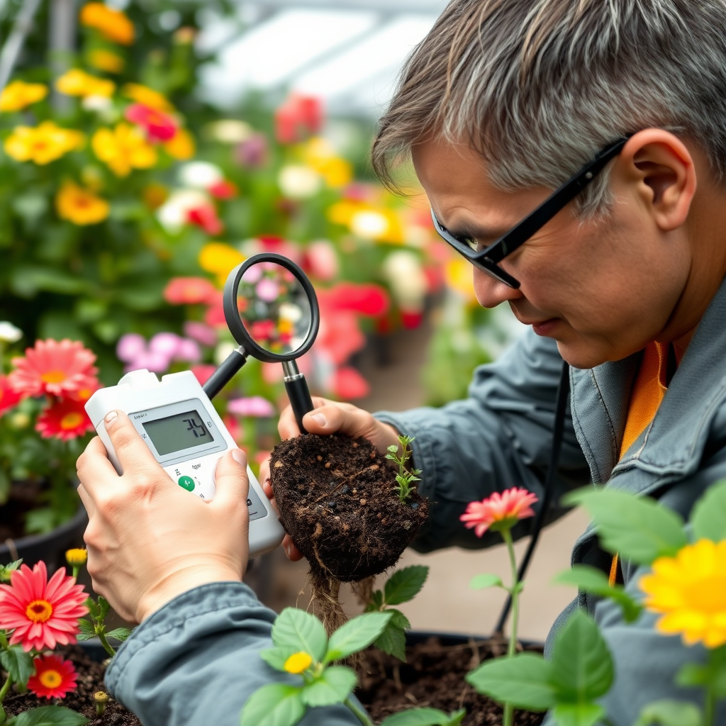 Professional plant health specialist using magnifying glass and pH testing kit to examine soil samples and plant roots in a flower garden with various blooming species