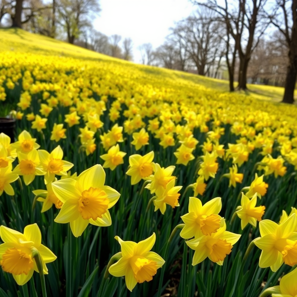 Field of golden daffodils stretching across a hillside with their characteristic trumpet-shaped centers and white petals, creating a sea of yellow blooms under soft spring sunlight with trees beginning to leaf out in the background