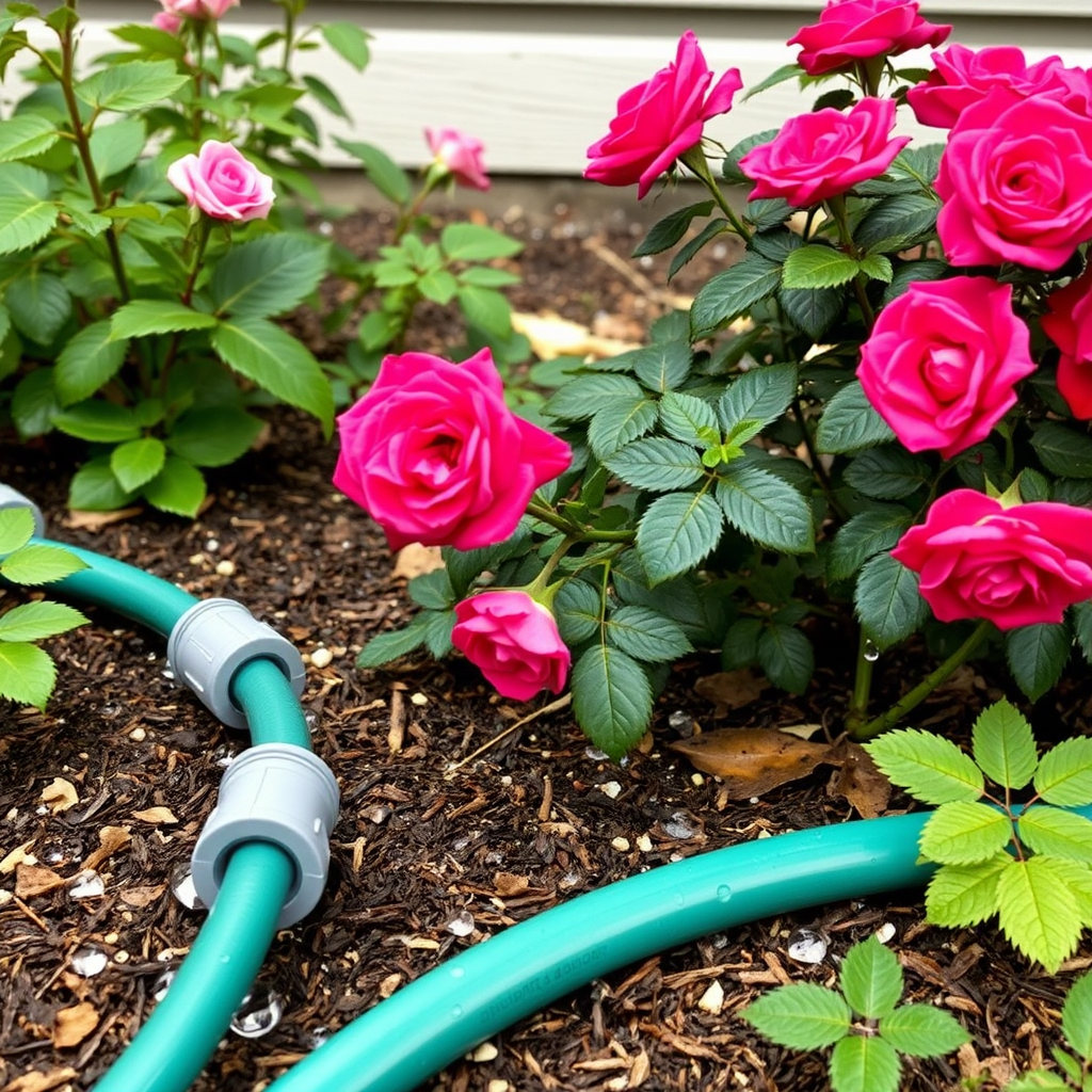 Garden irrigation system with soaker hoses laid around rose bushes, showing water droplets on soil and mulch around healthy rose plants