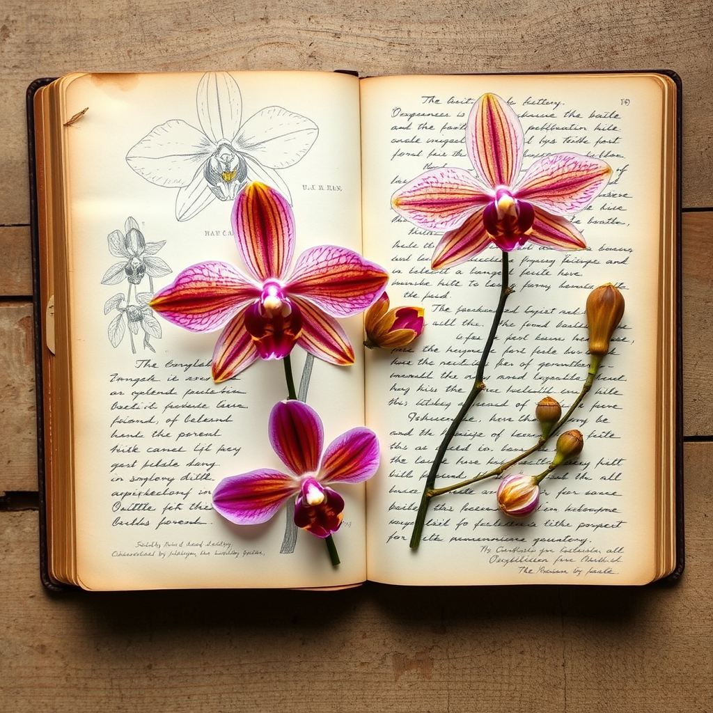 Open botanical research journal showing detailed scientific illustrations of orchid anatomy, with pressed flower specimens and handwritten research notes visible on aged paper