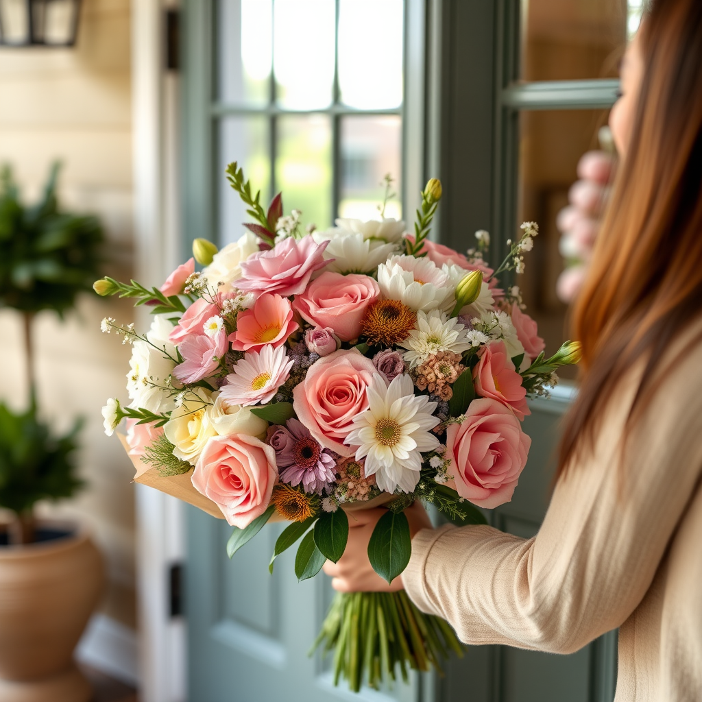 Beautiful seasonal flower bouquet being delivered to a front door, delivery person holding fresh mixed flowers in soft pastels, charming home entrance with natural lighting and welcoming atmosphere