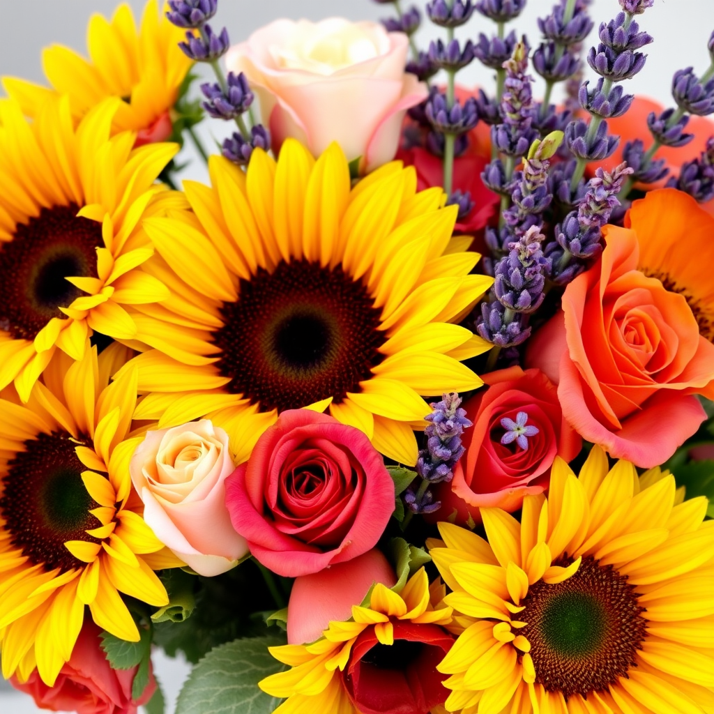 Summer flower arrangement with sunflowers, roses, and lavender in vibrant warm tones