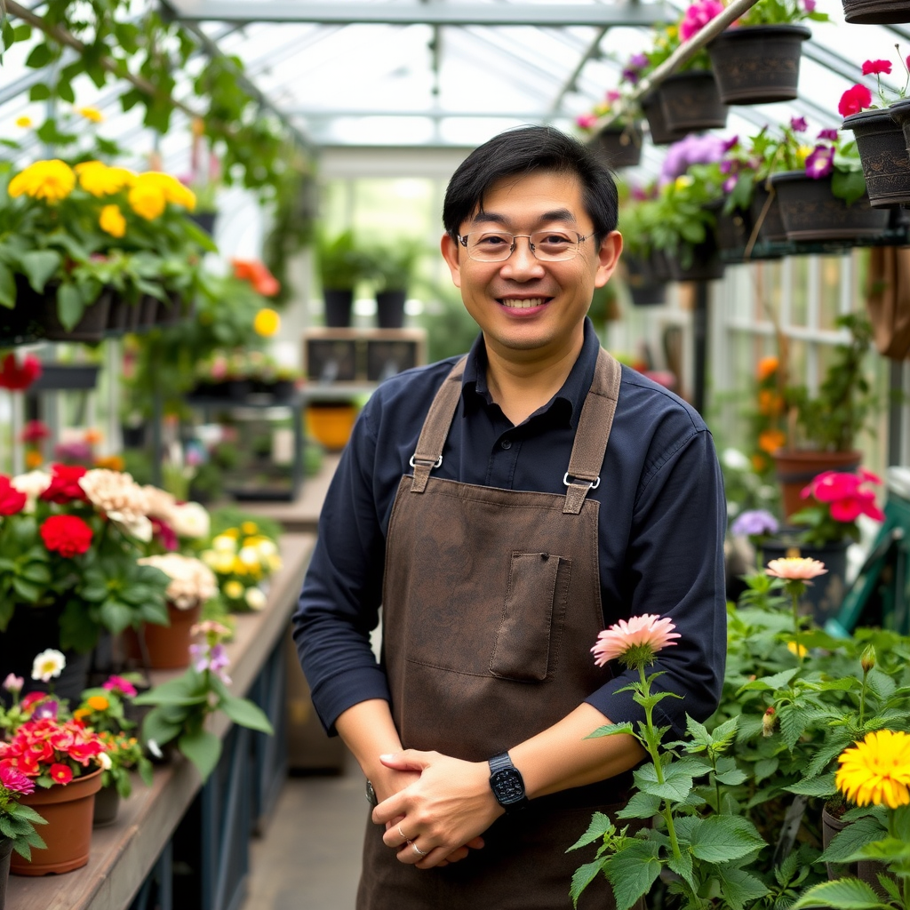Professional portrait of David Chen, a master gardener and workshop instructor, standing in a greenhouse surrounded by thriving flowering plants and gardening equipment