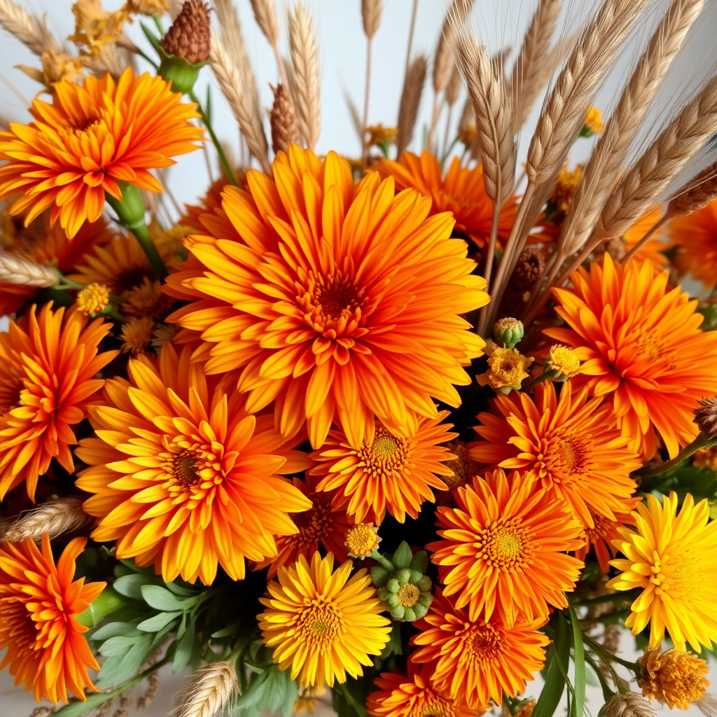 Warm autumn flower arrangement with orange chrysanthemums, golden marigolds, and dried wheat stalks