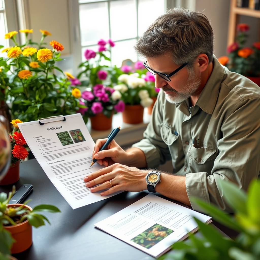 Horticulturist preparing detailed written report with photographs of plant diseases and treatment recommendations while sitting at desk with healthy flowering plants in background