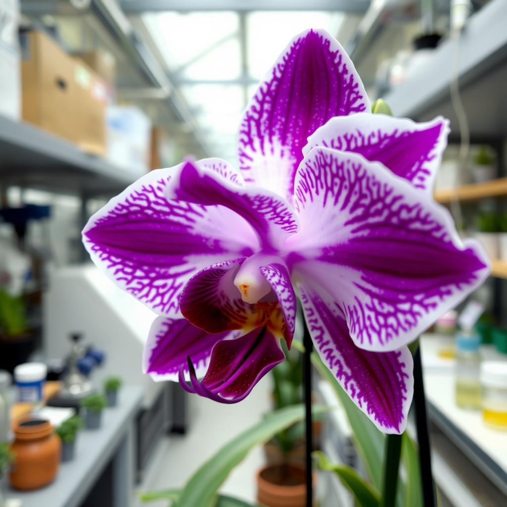 Close-up of a rare and exotic orchid species with intricate purple and white petals in a modern greenhouse setting with scientific equipment and botanical research materials