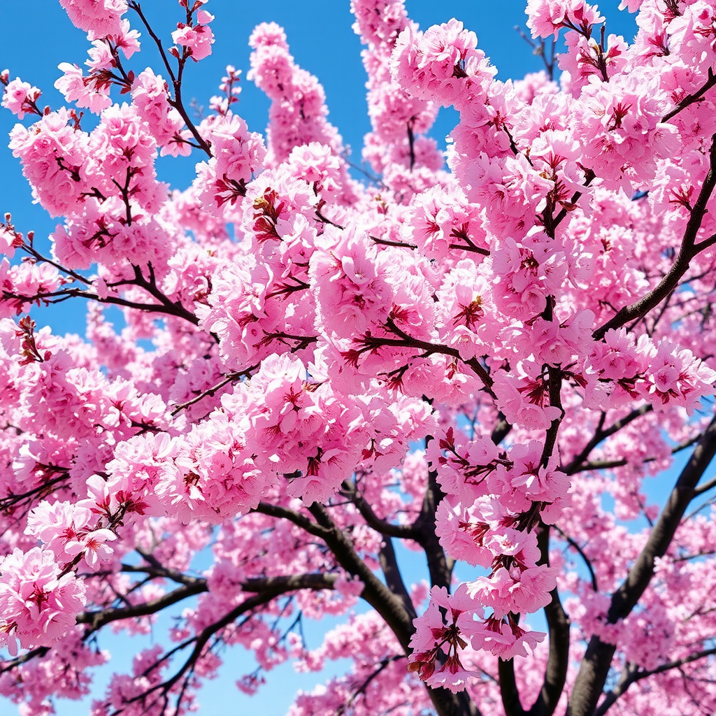 Stunning cherry blossom tree in full bloom with delicate pink flowers covering every branch, creating a canopy of soft pink petals with some falling gently to the ground, set against a clear blue spring sky