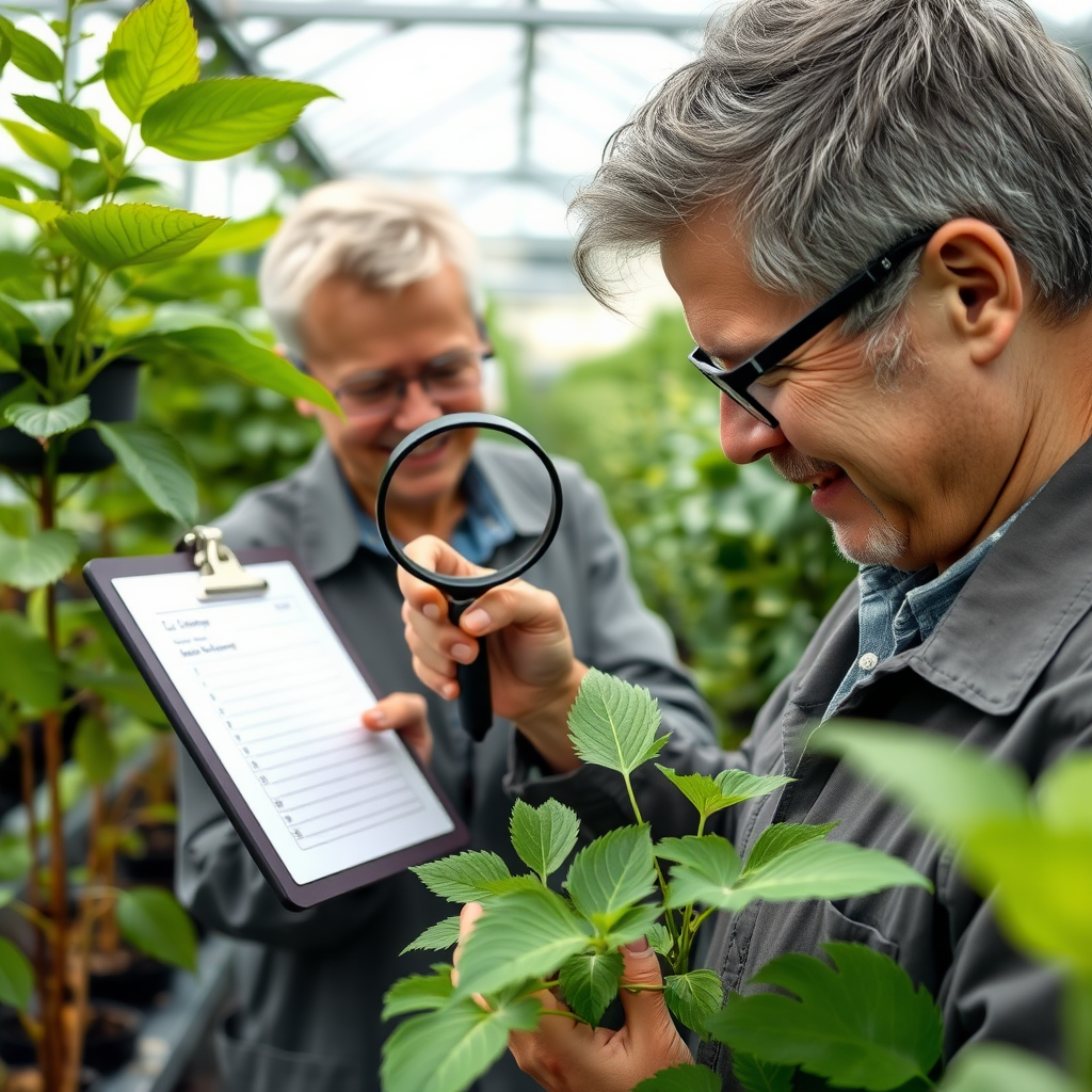 Professional horticulturist examining plant leaves with magnifying glass in a greenhouse, clipboard with assessment notes, healthy and recovering plants visible in background, scientific yet caring approach