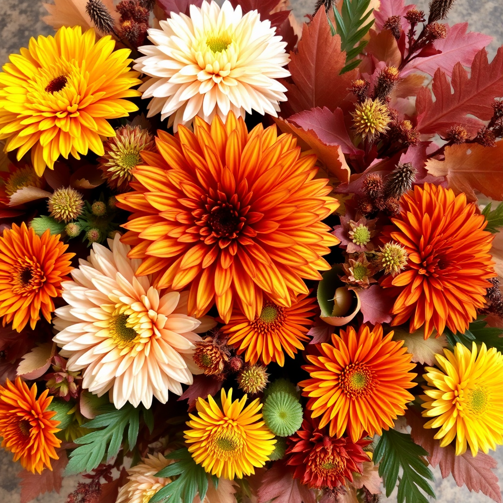 Autumn flower arrangement with chrysanthemums, marigolds, and fall foliage in warm earth tones