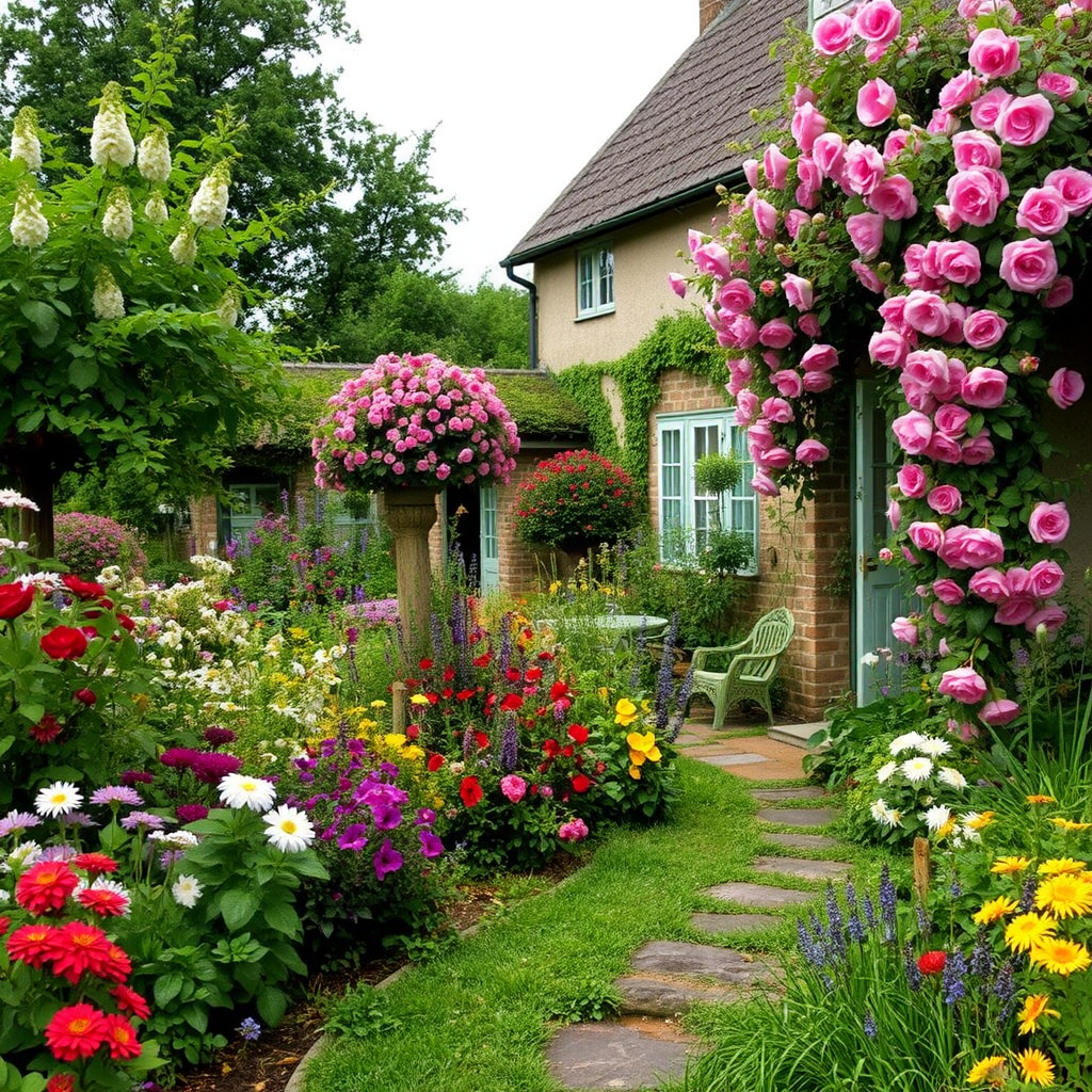 Charming cottage garden with mixed perennial flowers, climbing roses, and rustic pathways