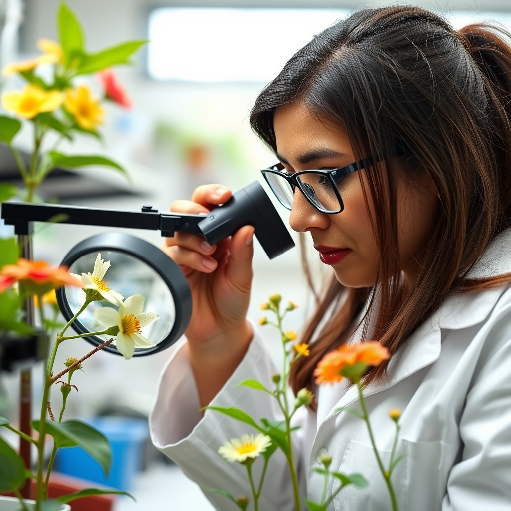 Professional portrait of Emma Rodriguez, a plant pathology specialist, examining healthy flower specimens with a magnifying glass in a bright, well-lit laboratory setting
