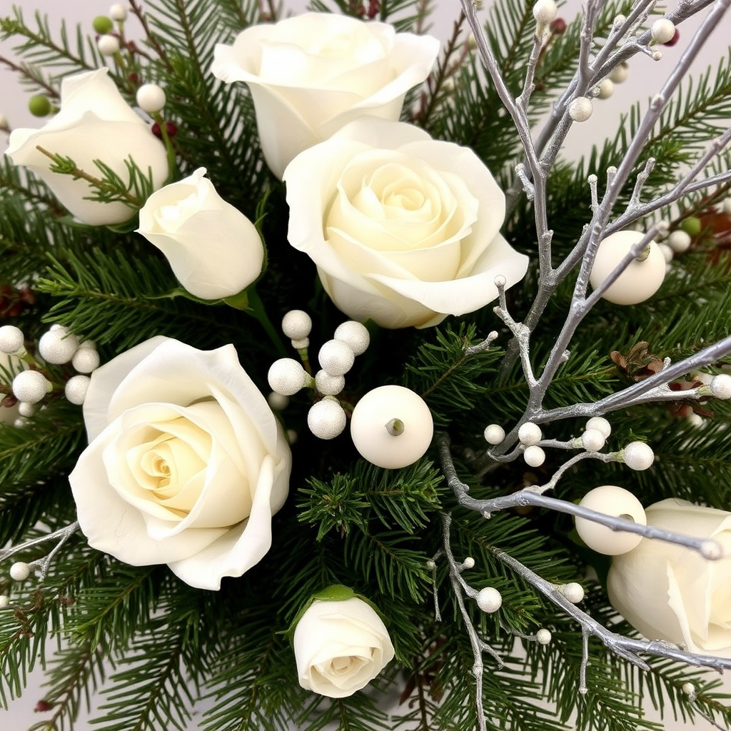 Elegant winter flower arrangement with evergreen branches, pristine white roses, and silver-painted twigs