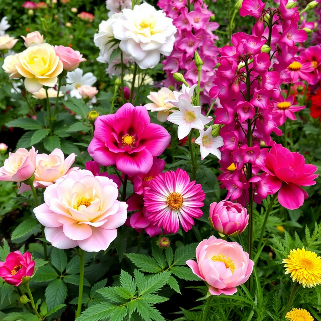 Beautiful healthy flower garden with vibrant blooms including roses, delphiniums, and peonies showing the results of professional plant health assessment and treatment