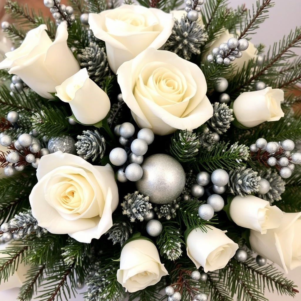 Winter flower arrangement with white roses, pine branches, and silver accents for holiday elegance