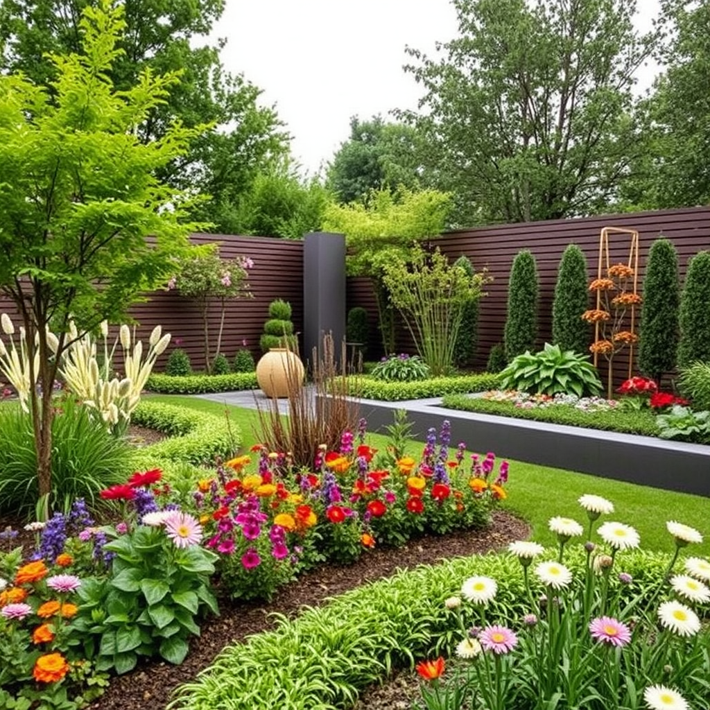 Clean, modern garden design with structured plantings and contemporary flower arrangements