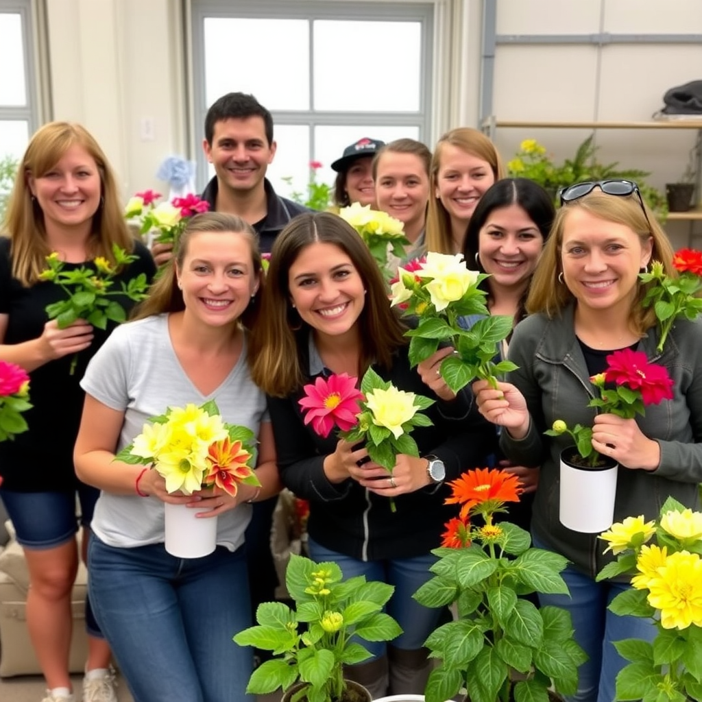 Group photo of smiling workshop participants proudly displaying their healthy, vibrant flowering plants after completing a successful flower care workshop session